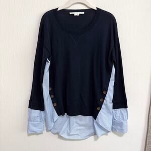 Veronica Beard Merino Wool Mixed Media Pullover Top S Blue Striped Preppy Layer